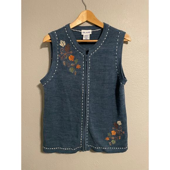 Vintage Blair Womens Vest Small Blue Autumn Leaf Embroidered Full Zip Fall 90s - Picture 1 of 6